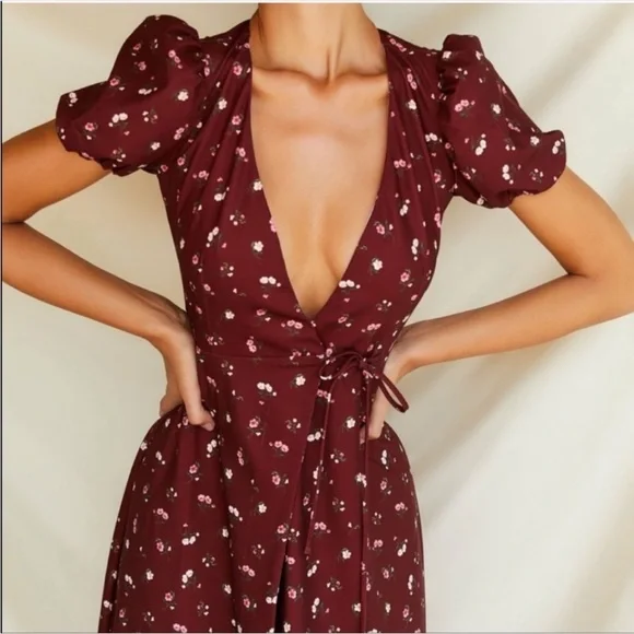 Elegant Burgundy Floral Wrap Dress